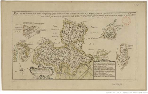 Plan des bois dépendant de la mansse abbatiale de l'abbaye royale de St Ouen de Rouen du ressort de la maîtrise des Eaux et Forêts du même lieu contenant en total 3298 arpents. .. / Redux. et Pinx. Lud. Barbier de Blignier, Esp. Archit. Exp. Regis... 1749... ; par Hue arpenteur des forêts du Roi... 1744. ..