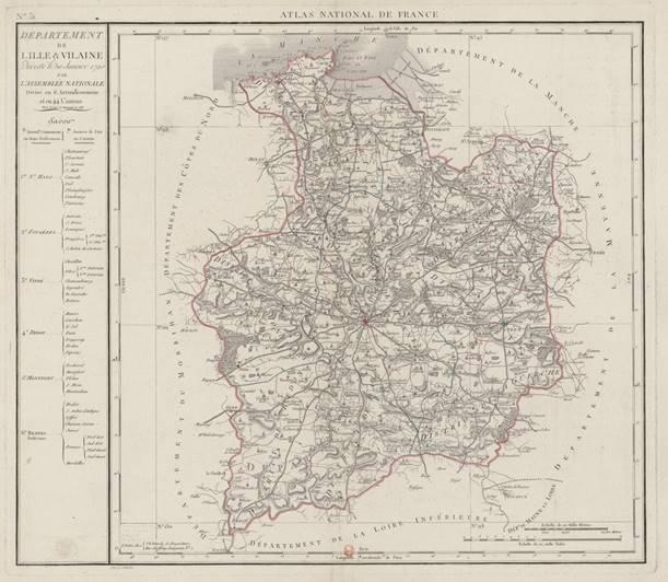 Atlas National de France. N° 31. Département de Lille et Vilaine. Décrété le 26 Janvier 1790 par l'Assemblée Nationale, Divisé en 6 arrondissemens et en 44 Cantons. Revu, corrigé et augmenté en 1818. Echelle de 40 Mille mètres [=Om.150 ; 1 : 333 000 env] / Gravé par d'Houdan