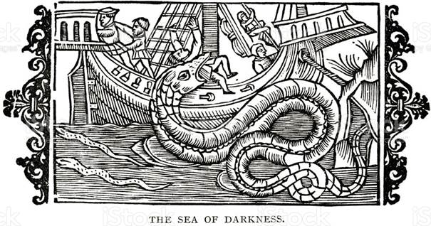woodcut of The Sea of Darkness par Olaus Magnus - Illustration de Monstre marin libre de droits