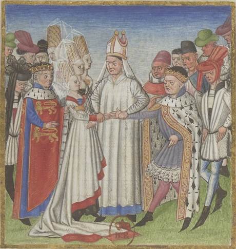 vue 1 - [Mariage de Geoffroi comte de Rennes et duc de Bretagne, avec Havoise de Normandie, soeur de Richard II, duc de Normandie] : [enluminure] / [Maître de Marguerite d'Orléans]