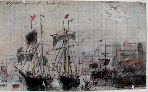 Dessin aquarellé de Louis-Marie Faudacq, non daté : départ de la flottille pour l'Islande (collection particulière)